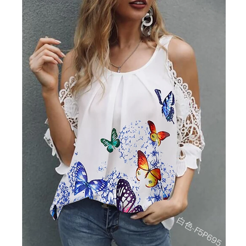 

WEPBEL T-shirt Women's Sexy Butterfly Print Loose Lace T-shirt Summer Short Sleeve O-Neck Off-Shoulder Stitching T-shirt Top