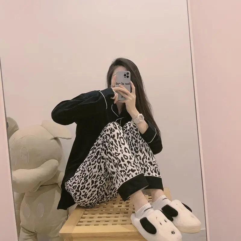 QWEEK Cow Print Women's Pajamas Home Clothes Cute Pyjama Pour Femme Kawaii Sleepwear Pijamas Nightie Autumn Winter