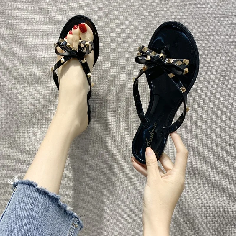 Женские пляжные шлепанцы с большим бантом сандалии желе на плоской подошве