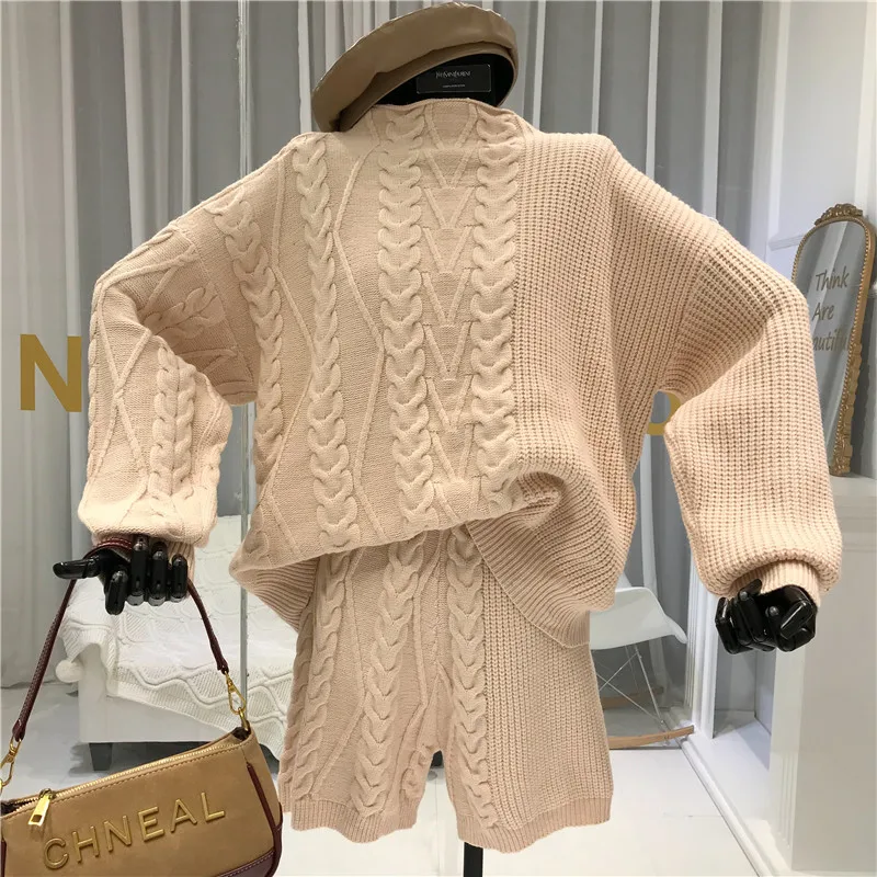ALPHALMODA, зимний женский модный Свободный пуловер, Ретро стиль, твист, толстый свитер+ шорты, вязанный двухсекционный костюм, Одноцветный, Хит, Короткие комплекты