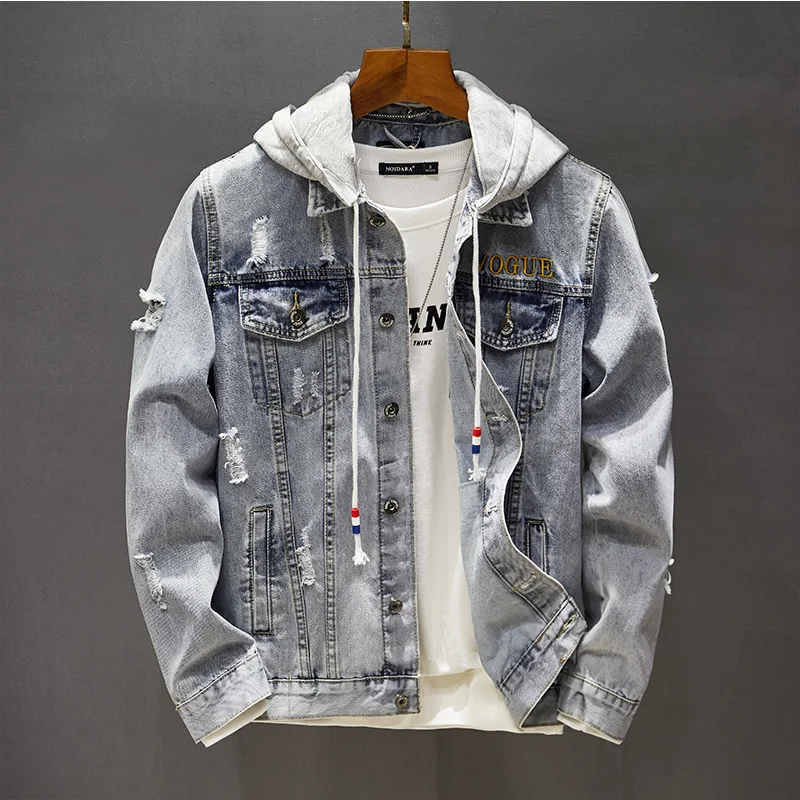 

Autumn Men's Slim Ripped Denim Jacket Letter Embroidery Trend Fashion Skinny Jean Coat Hip Hop Street Rock Hole Boy Outercoat