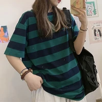 summer green t shirt women striped short sleeved streetwear oversized loose t shirt top women korean loose tops coat 2022 new