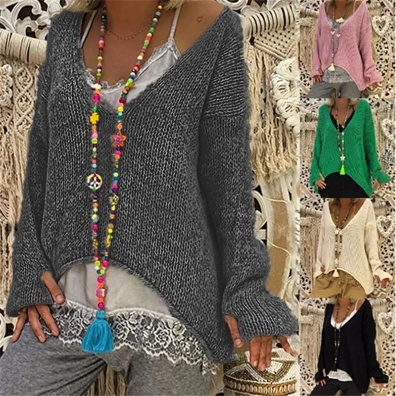 Новый плюс размер женский пуловер V шеи свободный свитер неравномерной длины