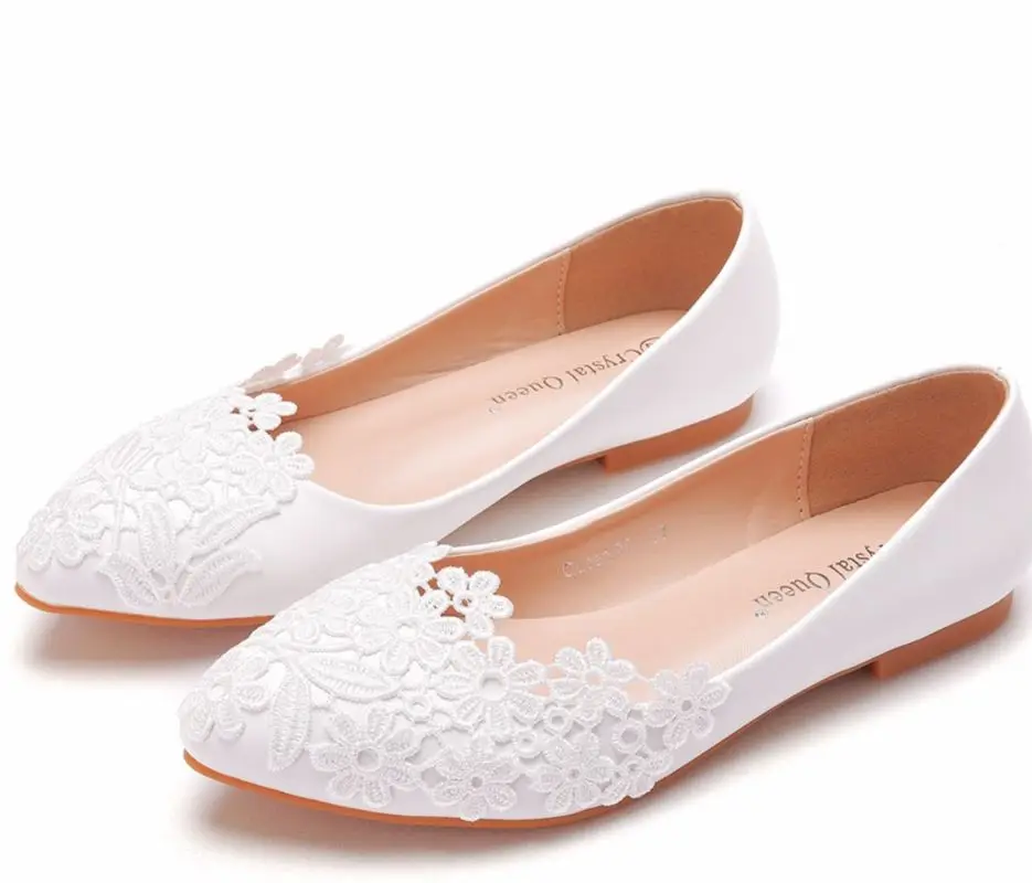 New Flat Lace Wedding Shoes Large Size 43 White Pointed Toe Casual Flat Shoes  Lace Casual Women's Shoes Low Heel Princess Flats