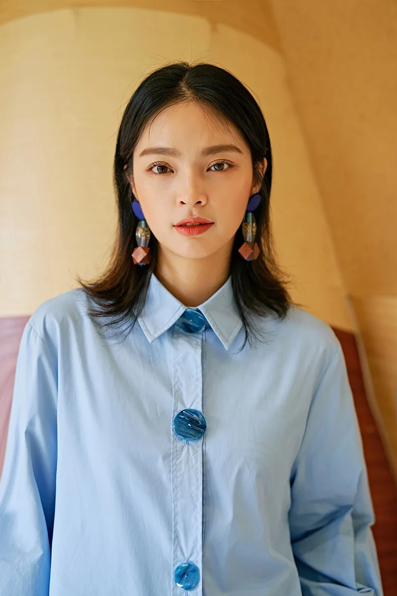 2019 Autumn Original Gloria&ampGrace Fashion Blue Casual Patchwork Button Women Chiffon Oversize Loose TOP Blouse Shirt |