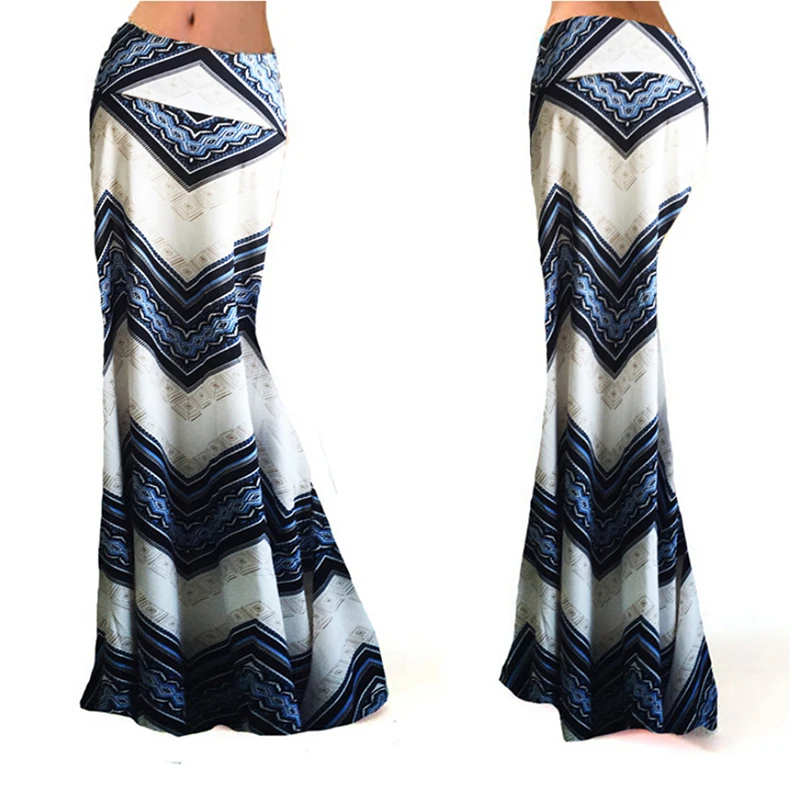 

Fashion Women Summer New Long Skirt Striped Wave Charming Elastic High Waist Boho Printing Saia Falda Female Maxi Skirt