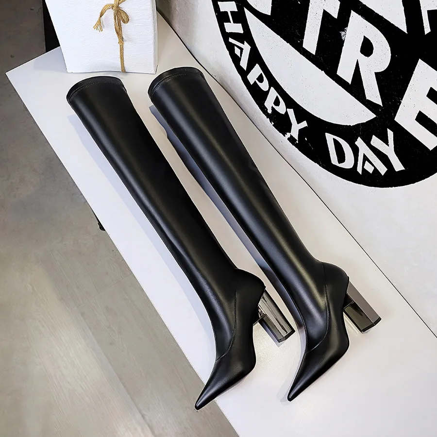 BIGTREE Women Black PU Leather Over-the-knee Boots Metal Square Heel Heels Shoes Sexy Pointed Toe Ladies Motorcycle Booties