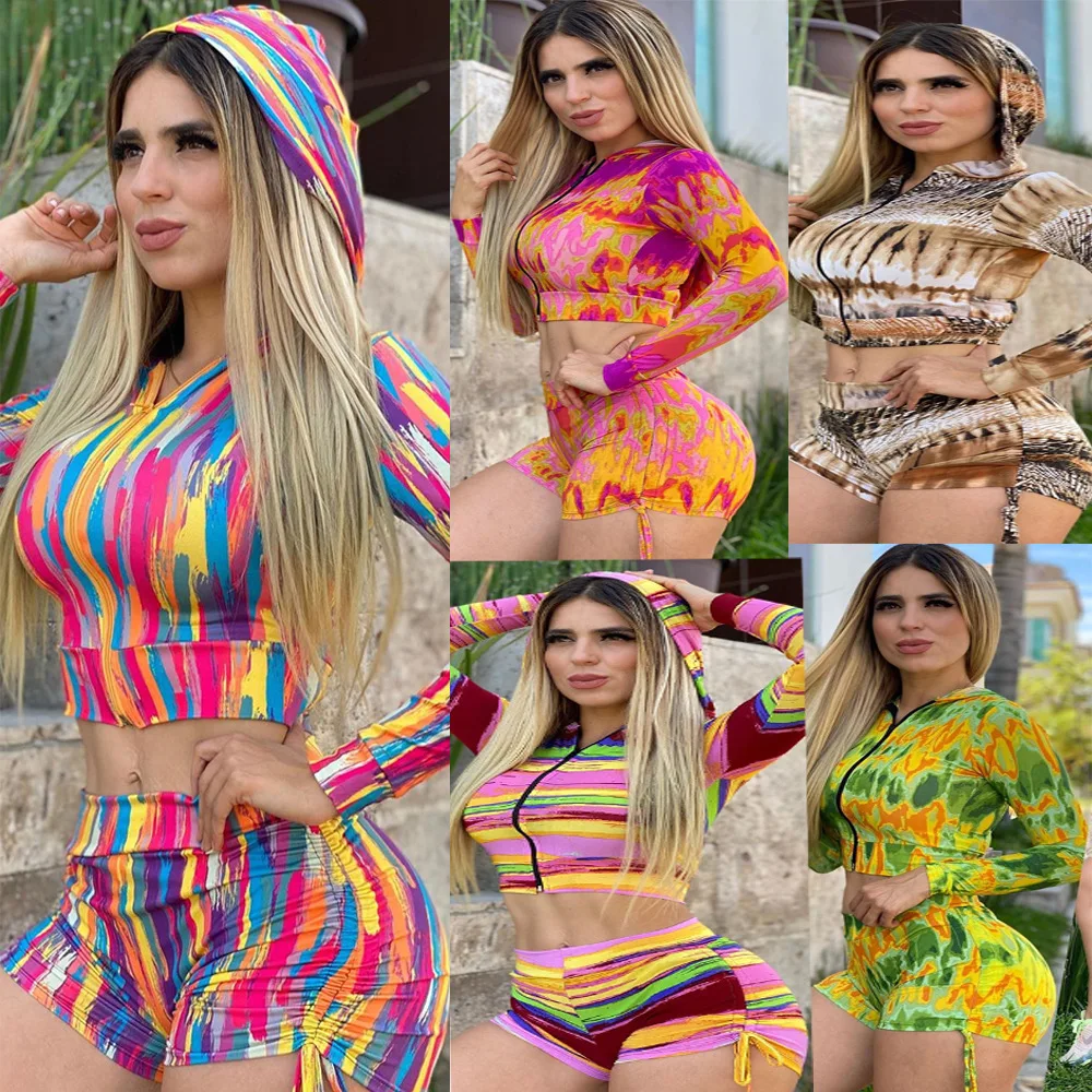 

Sport Wear Casual Women Colorful Tie Dye Print Two Piece Set Hooded Collar Short Tees Tops And Shorts Femme Tracksuit 5 Color