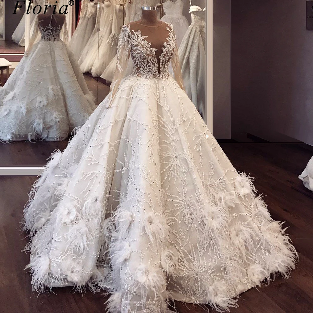 2020 Luxury Crystals Wedding Dresses A-Line Dubai Illusion Bridal Gowns Formal Robe De Mariee Arabic Wedding Gowns Pregnant