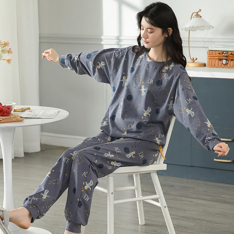 

BZEL Cartoon Space Pattern Pajama Women Cotton Sleepwear Casual Comfortable Home Suit Loose Nightwear O-Neck Pijama High Quality