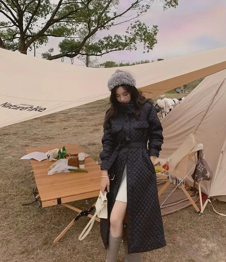 Winter Long Straight Coat Rhombus Pattern Casual Sashes Women Parkas Pockets Argyle Long Plaid Bubble Jacket Indie Vintage Coat