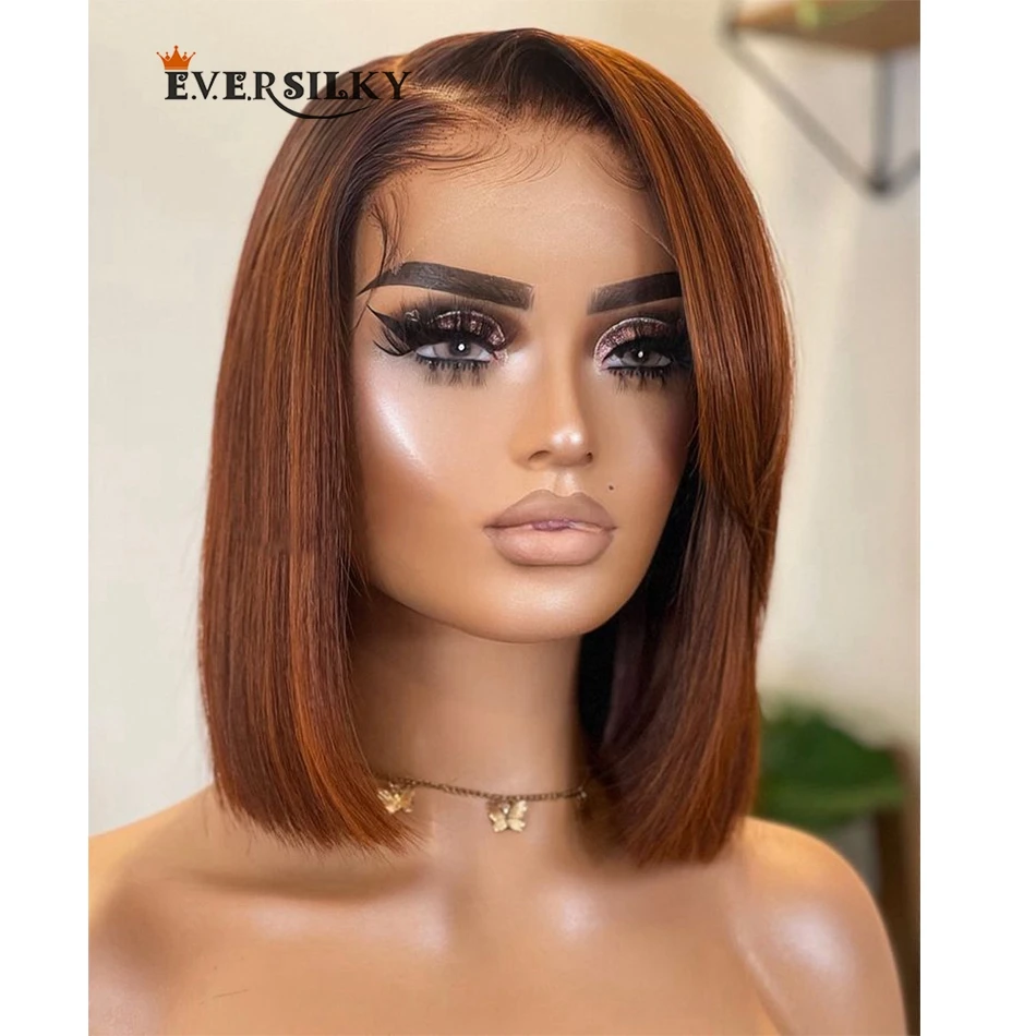 

Silky Straight Ombre Ginger Bob Human Hair Lace Front Wig with Bangs 180 Density Lace Closure Wigs for Women Fringe Wigs