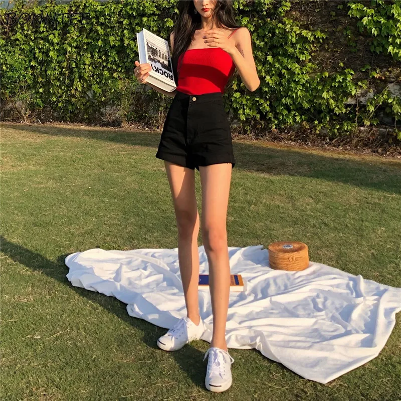 

Shorts Women All-match Trendy Simple Single Button Pockets Korean Style Daily Leisure Solid Ladies Womens Retro High Waist Slim