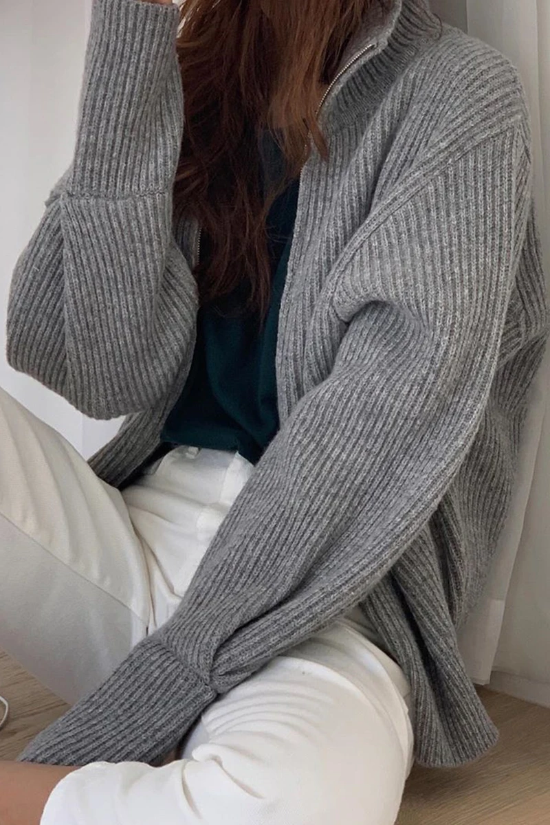 

Autumn Winter Korean Style Women's Turtleneck Sweater Casual Grey/Khaki Zipper Cardigan Female Loose Long Sleeve Warm Outerwear
