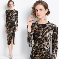 2021 winter clothing female round neck velvet long sleeve temperament slim leopard print buttock skirt long dresses for women