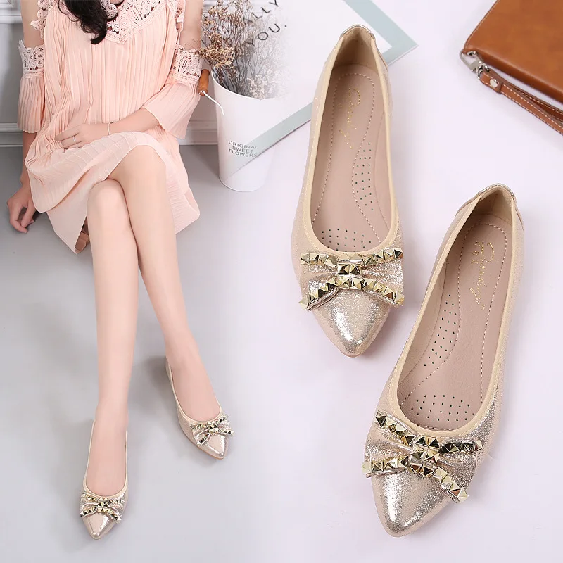 Туфли женские с бантом балетки лоферы без застежки заостренный носок
