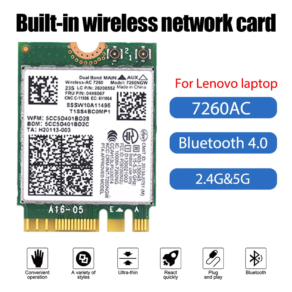 

7260AC Wireless Bluetooth 4.0 Network Card Dual Band 2.4G+5G 300Mbps/867Mbps NGFF M.2 Network Card for Lenovo T440 X240 Y40 Y70