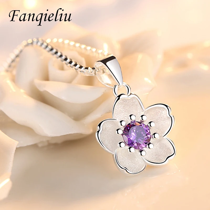 

Fanqieliu Purple Crystal Pendant Jewelry Vintage Cherry Blossoms Flower Solid 925 Sterling Silver Necklace For Girl FQL21137