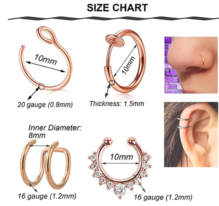 Кольца для искусственного носа 12 шт. поддельные кольца губ бриллианты серьги