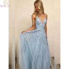 Женское длинное вечернее платье, элегантное платье небесно-голубого цвета с глубоким V-образным вырезом, а-силуэт, в пол, для выпускного вечера, 2022