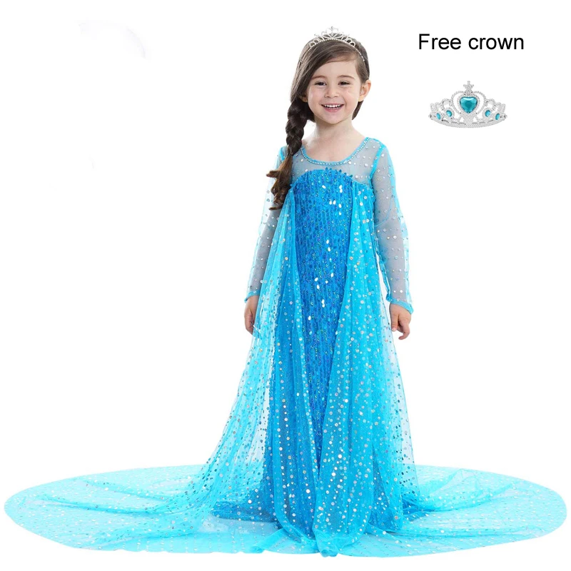 

3-10 Year Girls Children Clothing Halloween Summer Long Sleeves Queen Elsa Princess Cosplay Party Costume Dressing Up Dress