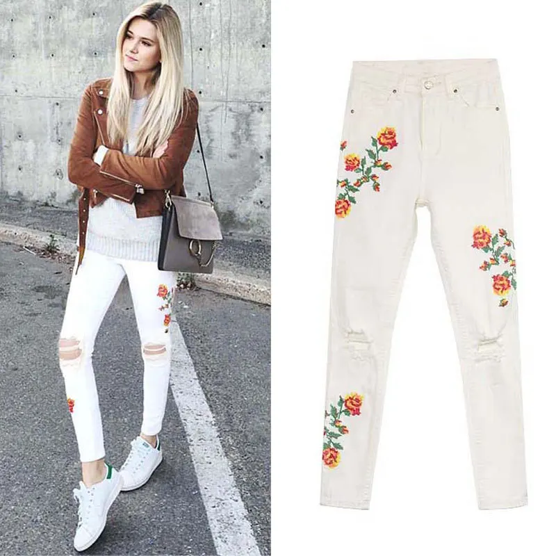 

Женские рваные джинсы до щиколотки с высокой талией и цветочным принтом