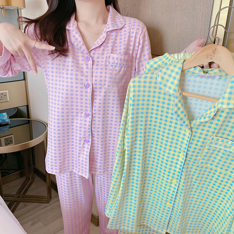 CAIYIER Winter Women Fashion Sleepwear Purple Grid Lapel Cardigan Girl Long Sleeve Leisure Pajamas Loose Nightwear Homewear Suit