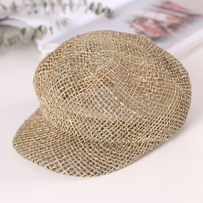 

2021 Hand-woven fashion Straw Women Summer Thin Newsboy Cap Painter Rope Knitted Beret Mesh Breathable Beach straw hat