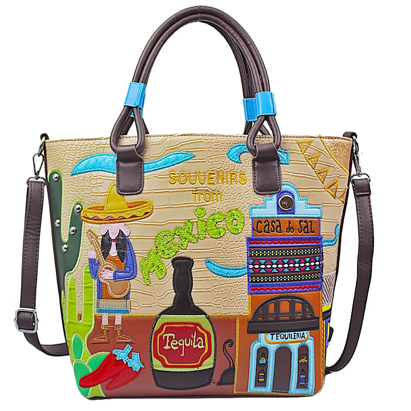 Women Shoulder Bags Leather Patchwork Embroidery Messenger Bag Handbags Totes Braccialini Brand Style Cartoon Souvenirs Mexico | Багаж и