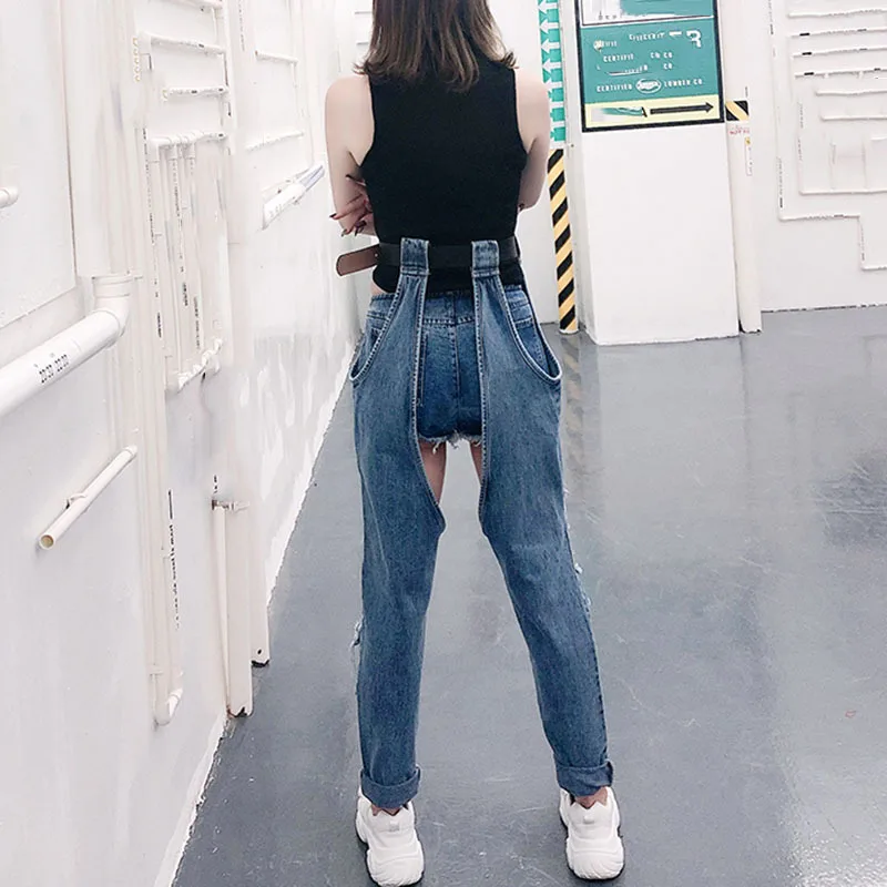 

SeeBeautiful Personality Hollow Out Holes Jeans Lace Up Pockets Denim Pants New Fashion 2021 Spring Summer Women E200