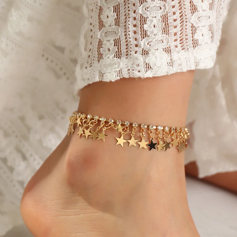 

2021 Wholesale Five-pointed Star Pendant Anklet Foot Chain Summer Yoga Beach Leg Bracelet Charm Anklets Shinning Jewelry Gift