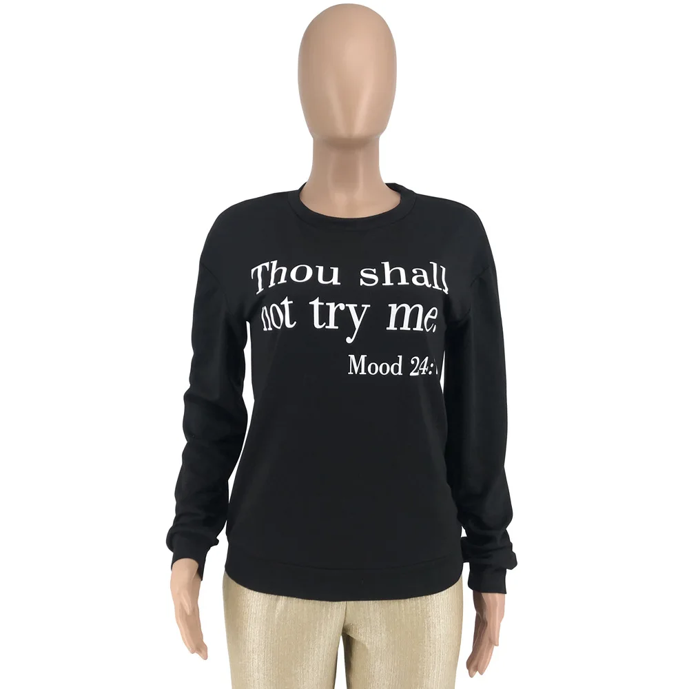 Женский свитер с буквенным принтом Черный Повседневный пуловер круглым вырезом