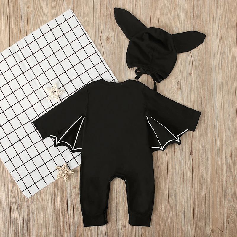 Halloween Newborn Baby Clothing Toddler Baby Boy Girls Halloween Bat Cosplay Costume Long Sleeve Romper Hat Outfits Set