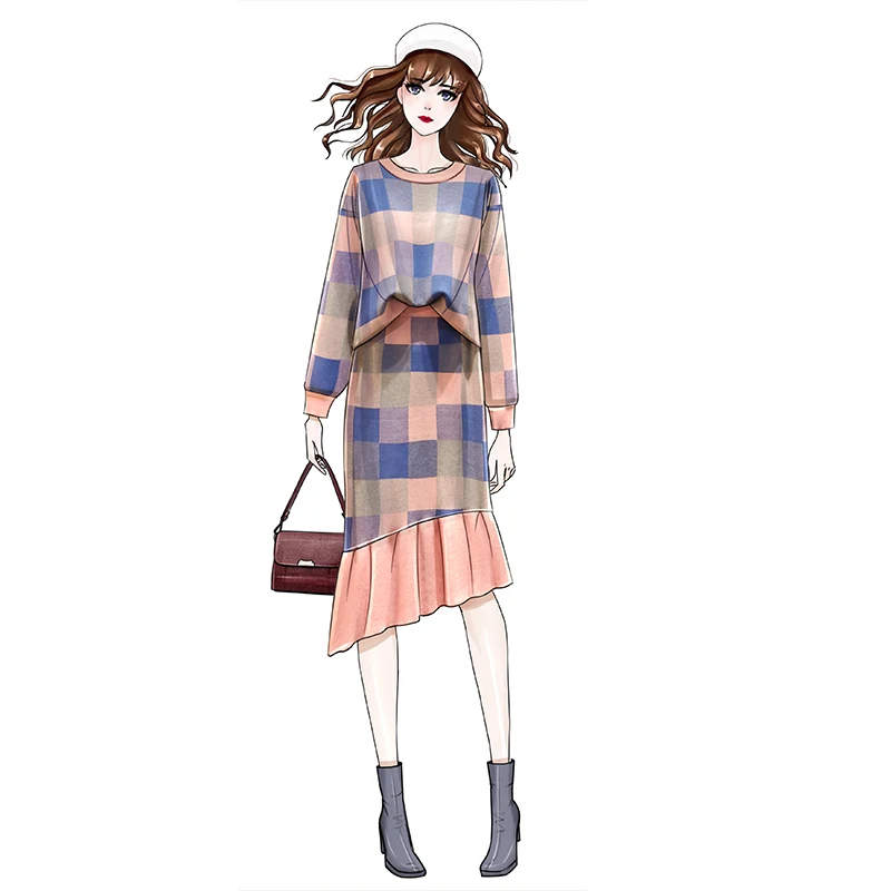 

Large size Women's Knitted Cotton lady Set Sweater 2019 Autumn and Winter New Fat Sister Knit Top skirt lattice Two-Piece Set