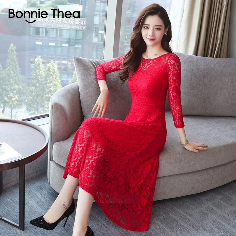 

Bonnie Thea Summer Lace black/red slim Dress women Sexy Office lady Elegant Dress Party long Dress Female OL Work Vestidos