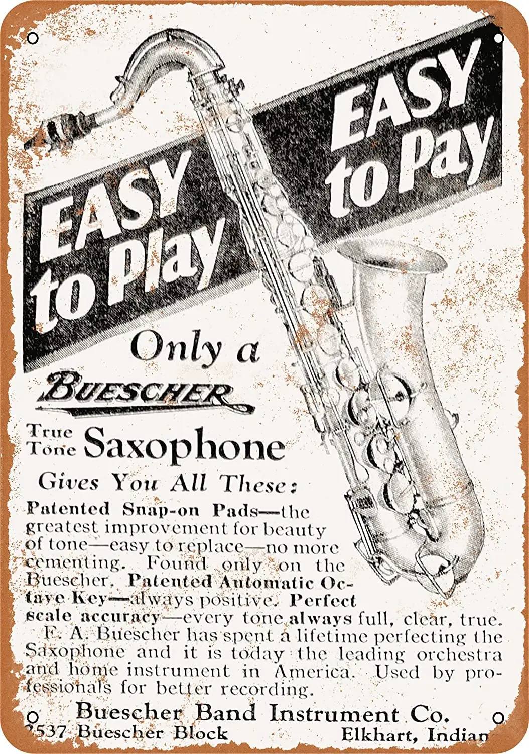 

WallColor 8*12 Metal Sign 1928 Buescher Saxophones Vintage Look