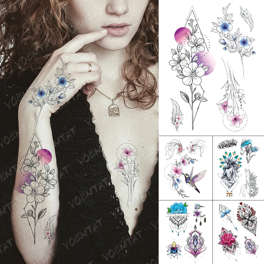 

Waterproof Temporary Tattoo Sticker Line Flowers Hummingbird Horse Flash Tattoos Henna Mandala Body Art Arm Fake Tatoo Women Men
