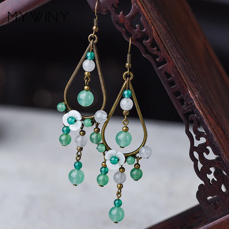 Винтажные этнические зеленые серьги MYWINY в эстетике оригинального дизайна из