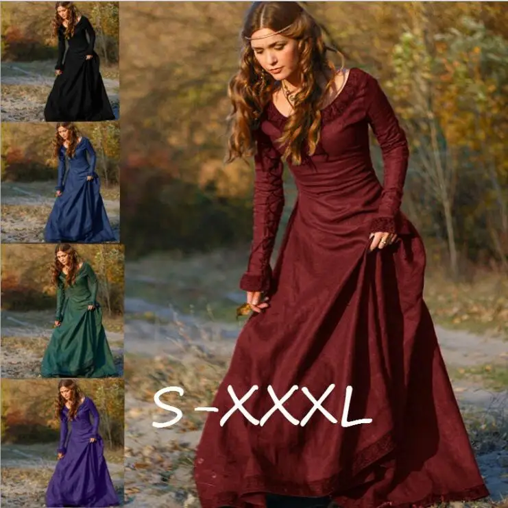 Women Medieval Dress Renaissance Vintage Style Gothic Floor Length Cosplay Dresses (Without Belt) |