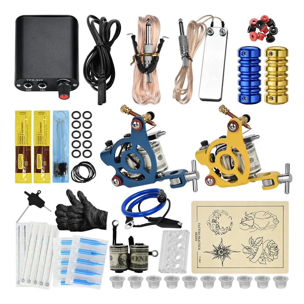 

Beginners Complete Tattoo Kit Machine Rotary Set Gun Power Supply Needles Nozzels Tips Rubber Tools