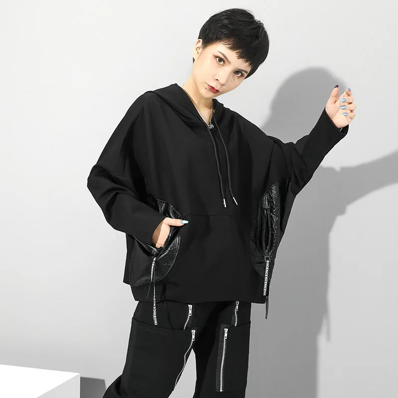 Черная хлопковая Повседневная Свободная Толстовка в стиле оверсайз Осень-зима