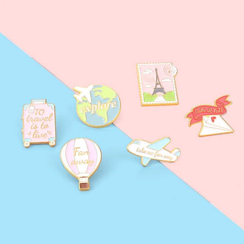 

Sweet Travel Enamel Pin Plane Postcard Hot Air Balloon Suitcase Brooches Custom Badges Clothes Bags Gifts for Women Jewelry