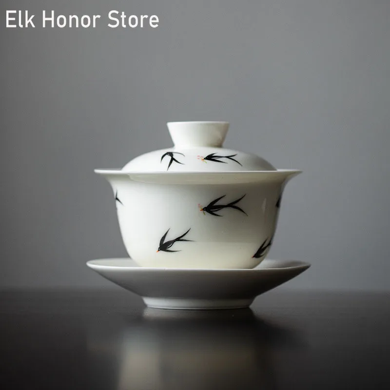 

165ml Pure Hand-painted Swallow Elf Art Ceramic Tea Tureen White Porcelain Sancai Covered Cup Gaiwan Household Kung Fu Tea Set