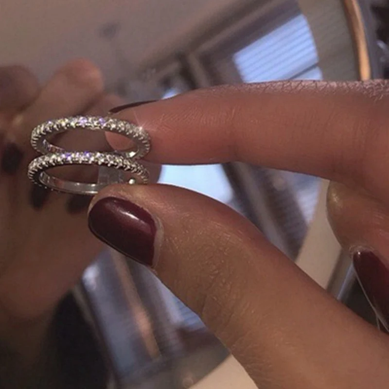 

1x Double Layer Micro Inlaid Diamond Ring Silver New Fashion Exquisite Full Diamond Ring 5-10 Number Bridal Party Jewelry