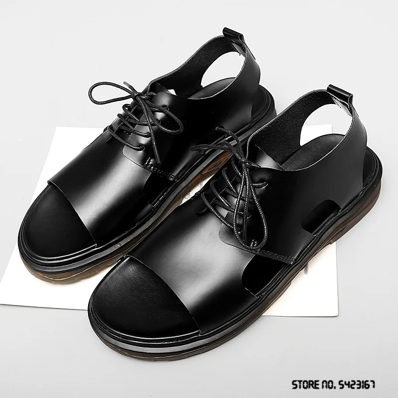 Мужские сандалии из натуральной кожи уличная пляжная обувь на шнуровке плоская