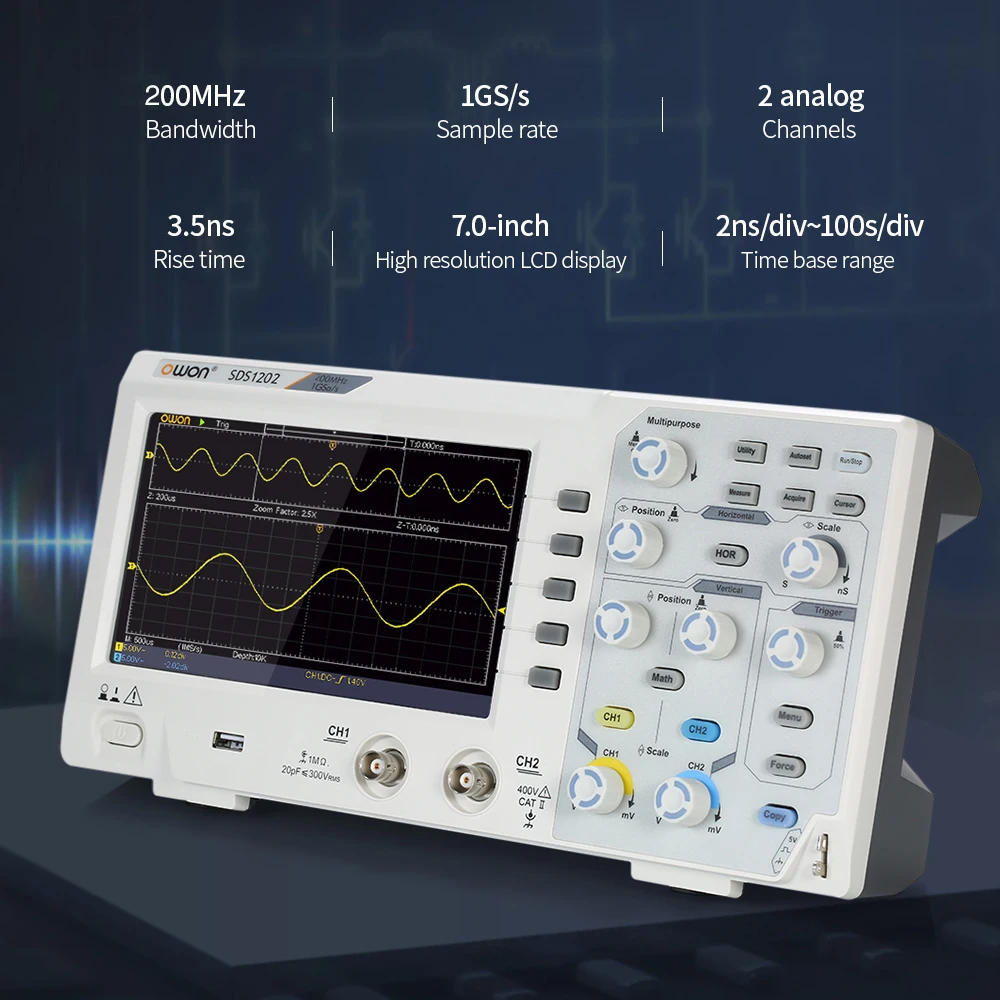 7 дюймов ЖК-дисплей Owon SDS1102 2 канала Осциллограф осциллометр цифровой осциллограф