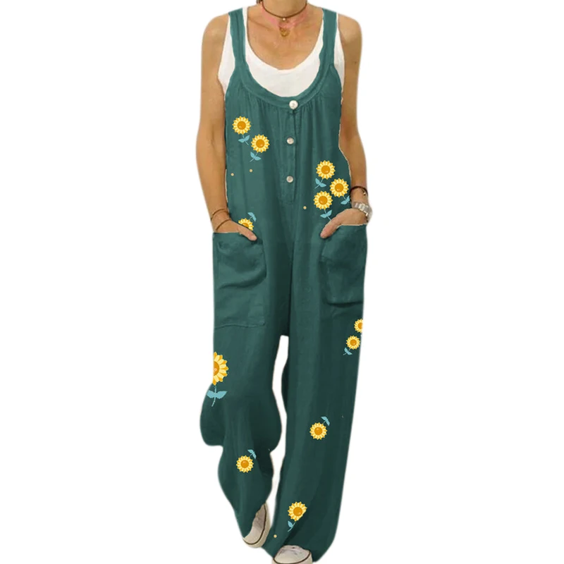 

Fashion Casual Jumpsuit Women Sunflower Print Button Sleeveless Strap Wide Loose One-Piece Trousers Pocket Decoration Jumpsuit
