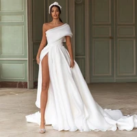 high slit white gorgeous wedding dresses off the shoulder chiffon dress applique sleeveless bridal gowns with bow sweep train