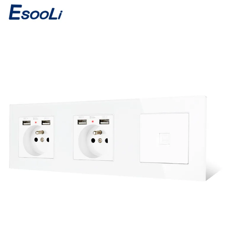 Стеклянная панель ESOOLI розетка с двойным французским стандартом 4 порта USB для
