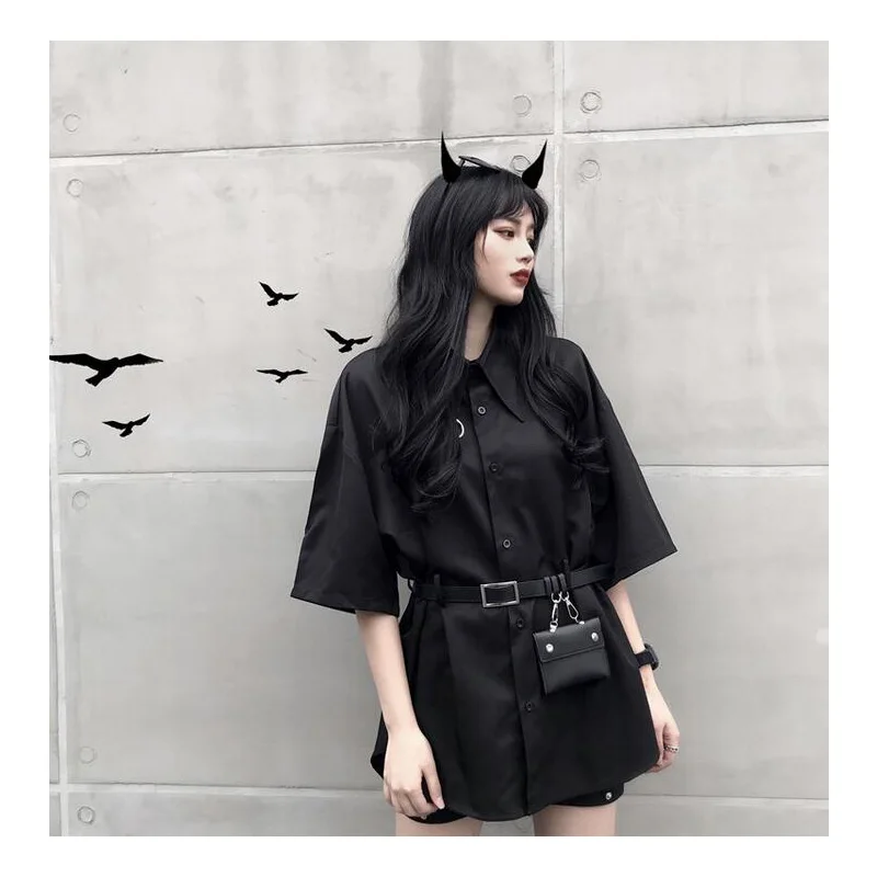 Винтажные женские топы в стиле Харадзюку с ремнем сумки черные повседневные